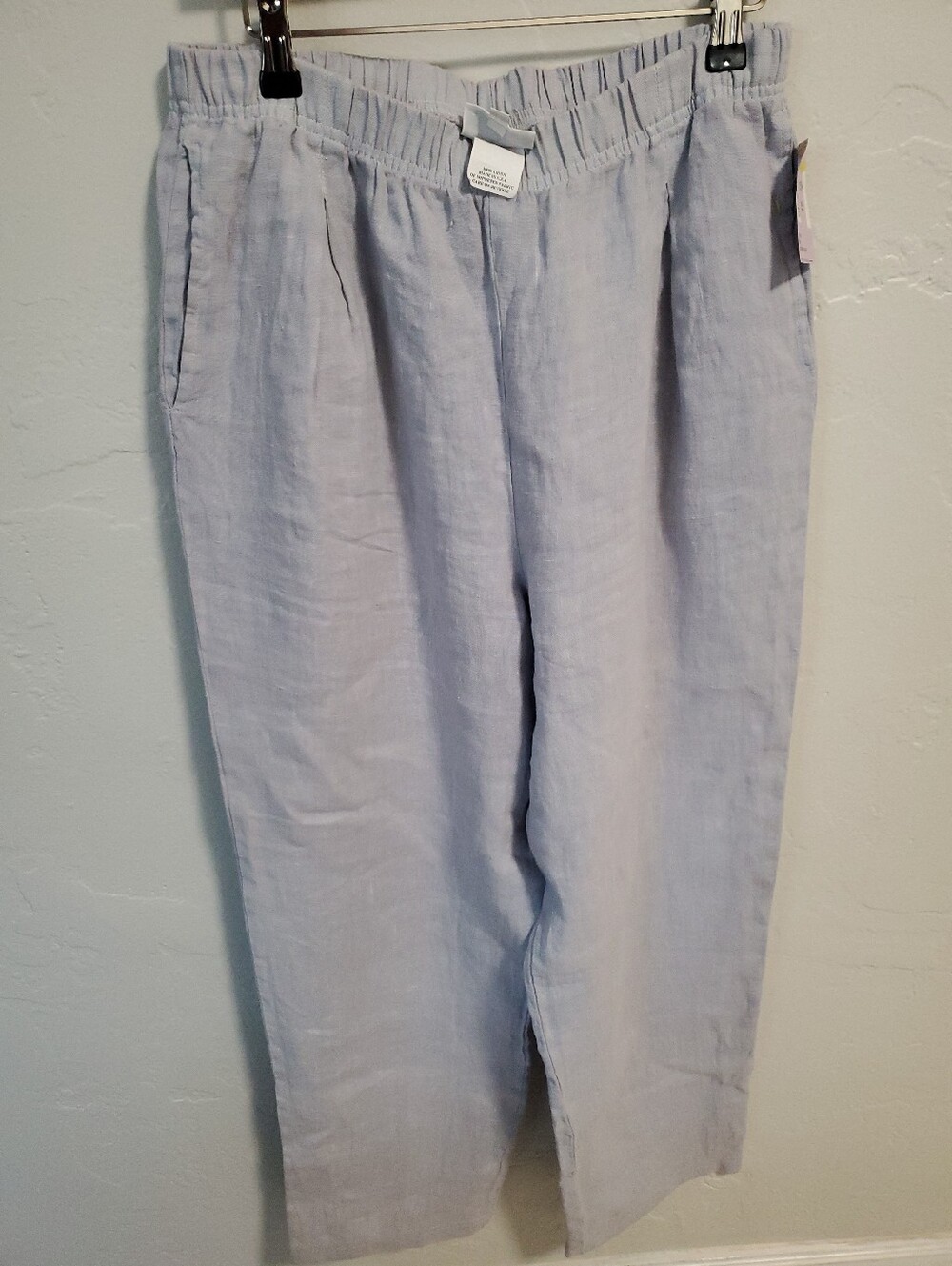 Light Blue Straight-Leg Linen Blend Pants with Elastic Waist